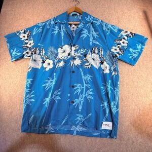 Alvish Mens Blue Hawaiian Shirt Floral Hibiscus Bamboo Tropical Camp Button Up L
